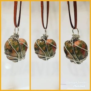 Unakite Heart Silver Wrapped Necklace
